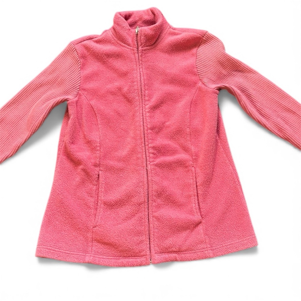 Women's small pink fitted fleece jacket with rib knit sleeves & two side pockets